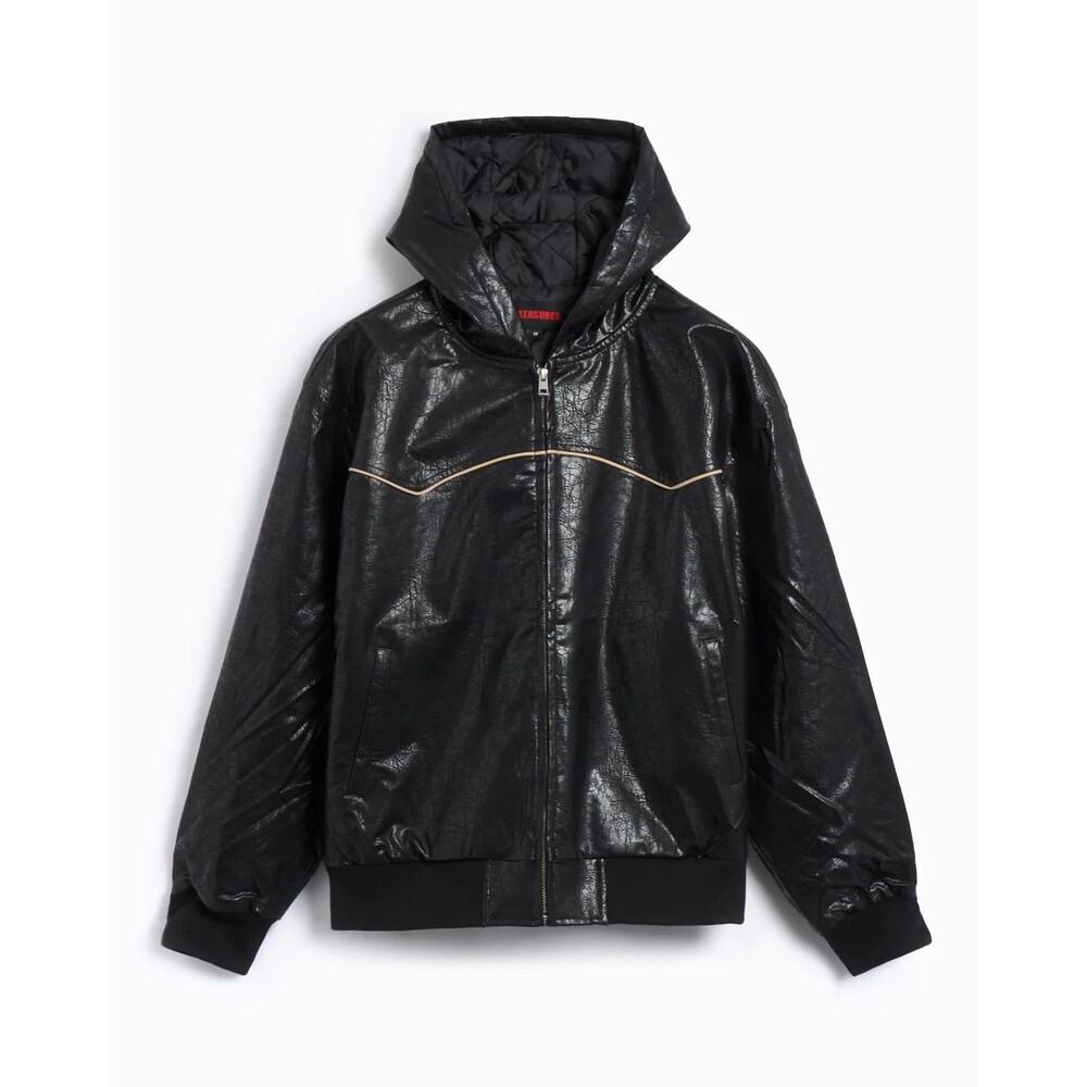 PLEASURES Work Jacket Mens Small Black Faux Leather REVENGE Hooded Lined $160